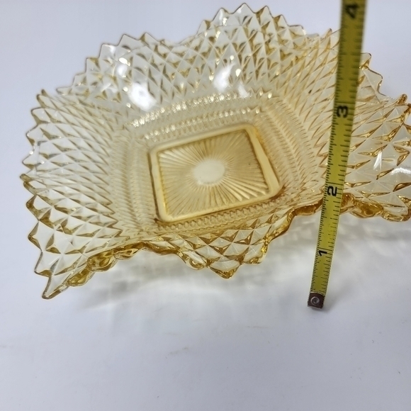 Vintage Amber Yellow Hobnail Diamond Cut Scallop Edge Glass Dish Set - Picture 8 of 10